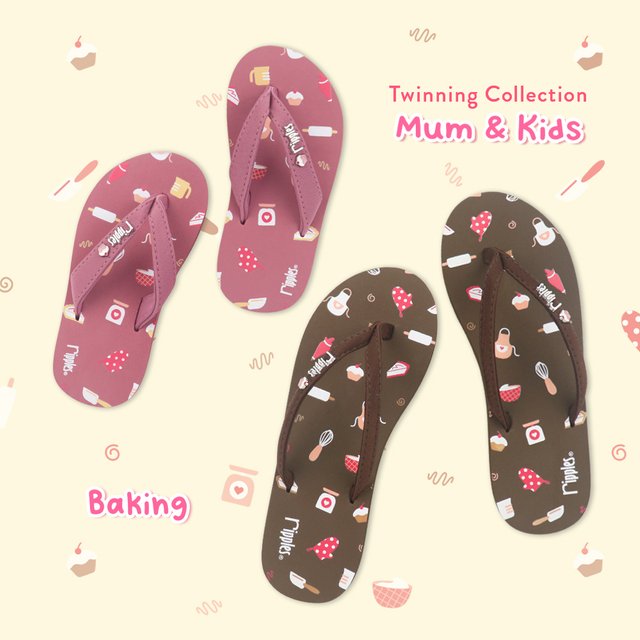 Mum & Kids Flip Flops Baking Twinning Set (Ladies Brown Kids Pink) 