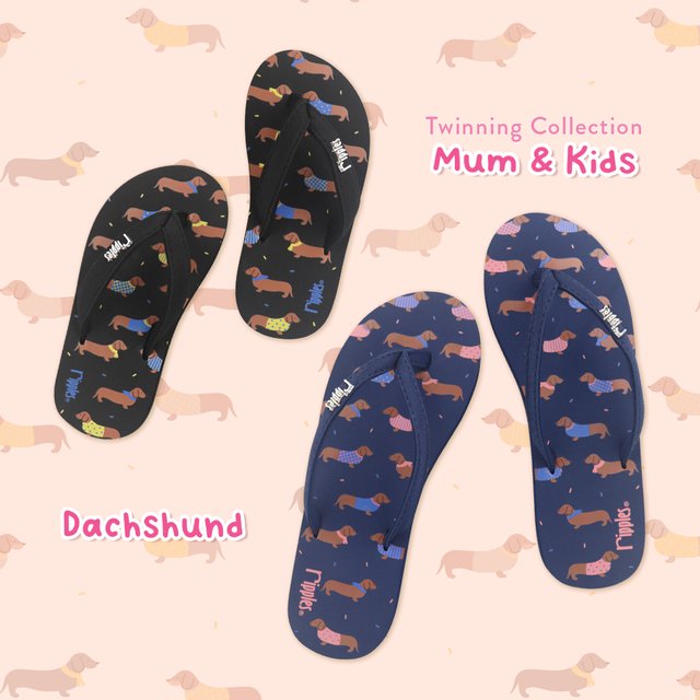 Mum & Kids Flip Flops Dachshund Dog Twinning Set (Ladies Blue Kids Black) 