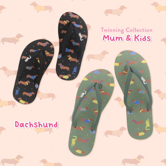 Mum & Kids Flip Flops Dachshund Dog Twinning Set (Ladies Green Kids Black) 