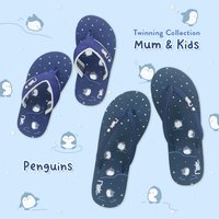 Mum & Kids Flip Flops Penguin Twinning Set (Ladies Grey Blue Kids Navy Blue)