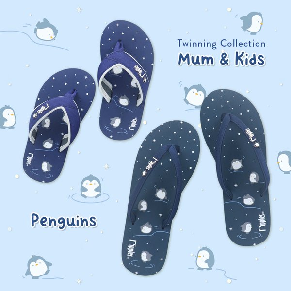 Mum & Kids Flip Flops Penguin Twinning Set (Ladies Grey Blue Kids Navy Blue) Mum & Kids Flip Flops Penguin Twinning Set (Ladies Grey Blue Kids Navy Blue)