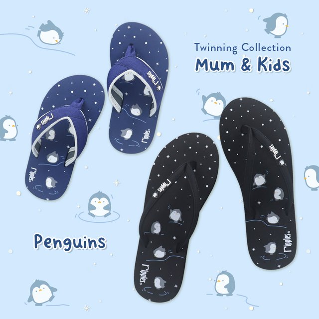 Mum & Kids Flip Flops Penguin Twinning Set (Ladies Black Kids Blue) 