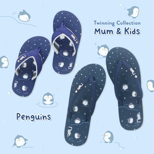 Mum & Kids Flip Flops Penguin Twinning Set (Ladies Grey Blue Kids Blue) 