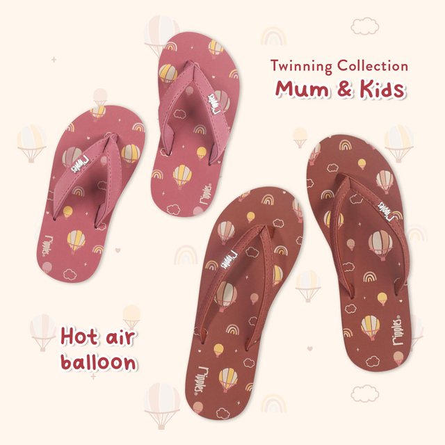 Mum & Kids Flip Flops Hot Air Balloon Twinning Set (Ladies Dark Red Kids Pink)