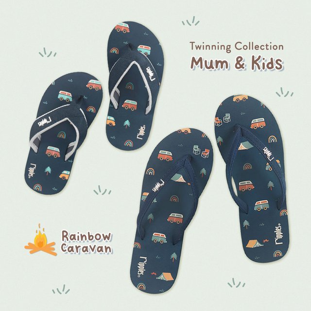 Mum & Kids Flip Flops Rainbow Caravan Twinning Set (Ladies Grey Blue Kids Grey Blue)