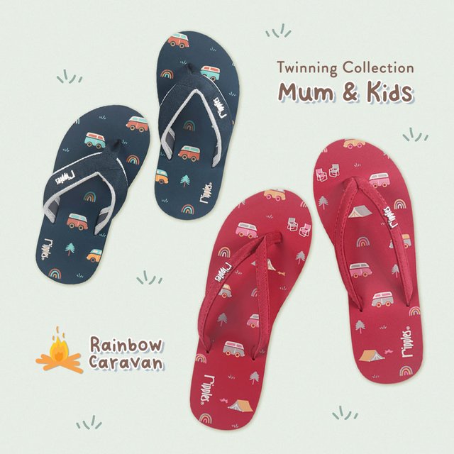 Mum & Kids Flip Flops Rainbow Caravan Twinning Set (Ladies Pink Kids Grey Blue)