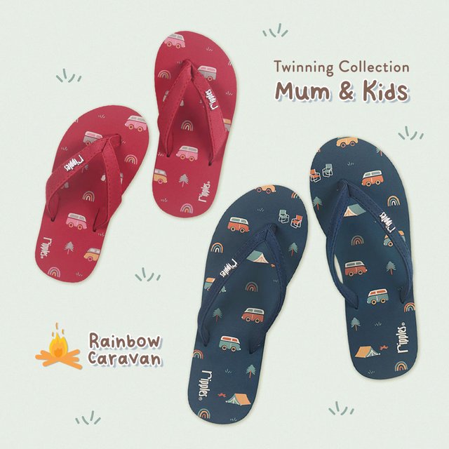 Mum & Kids Flip Flops Rainbow Caravan Twinning Set (Ladies Grey Blue Kids Pink)