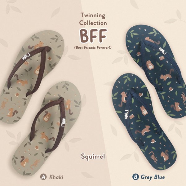 BFF Friends Flip Flops Squirrel Twinning Collection (Khaki & Grey Blue) BFF Friends Flip Flops Squirrel Twinning Collection (Khaki & Grey Blue)