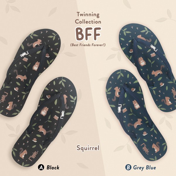 BFF Friends Flip Flops Squirrel Twinning Collection (Black & Grey Blue) BFF Friends Flip Flops Squirrel Twinning Collection (Black & Grey Blue)