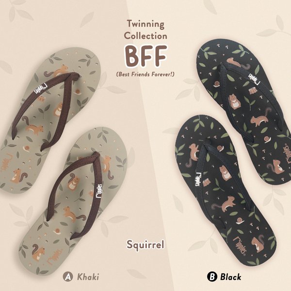 BFF Friends Flip Flops Squirrel Twinning Collection (Khaki & Black) BFF Friends Flip Flops Squirrel Twinning Collection (Khaki & Black)