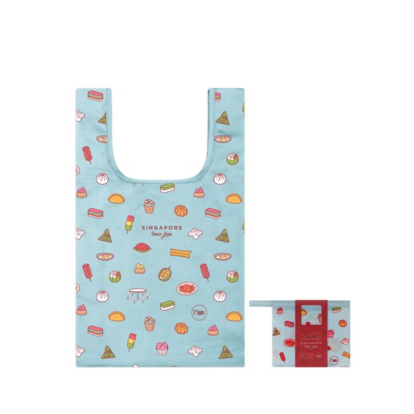 Singapore Iconic Gems Food Little Reusable Tote Bag (Light Grey Blue)