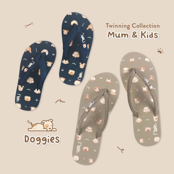 Mum & Kids Flip Flops Doggies Twinning Set (Ladies Khaki Kids Grey Blue) Mum & Kids Flip Flops Doggies Twinning Set (Ladies Khaki Kids Grey Blue)