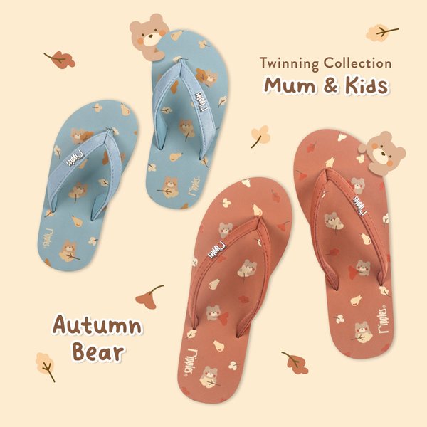 Mum & Kids Flip Flops Autumn Bear Twinning Set (Ladies Brown Kids Light Grey Blue)