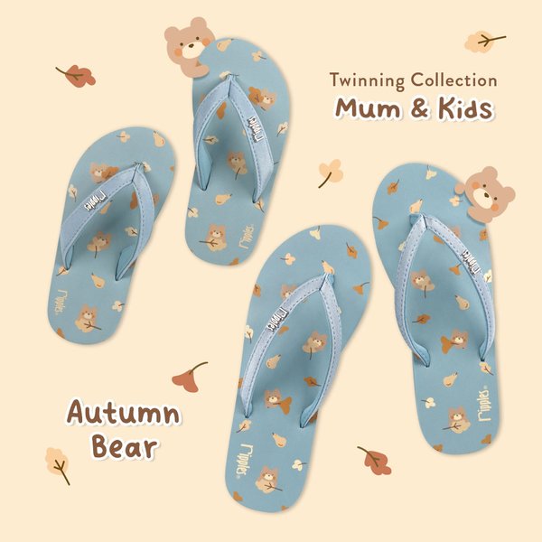 Mum & Kids Flip Flops Autumn Bear Twinning Set (Ladies Light Grey Blue Kids Light Grey Blue)