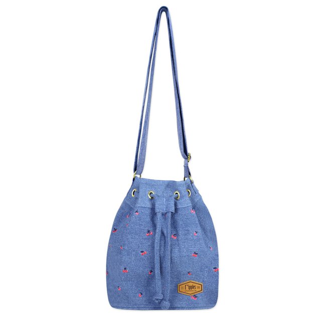 Cherry Embroidery Bucket Sling Bag (Light Wash Denim)