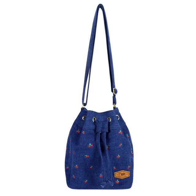 Cherry Embroidery Bucket Sling Bag (Mid Blue Wash Denim)