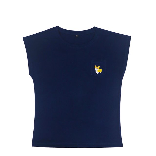 [PROMO] Corgi Dog Ladies Relaxed Short Sleeve Pocket T-Shirt (Navy Blue)
