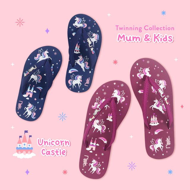 Mum & Kids Flip Flops Unicorn Castle Twinning Set (Ladies Purple Kids Blue)
