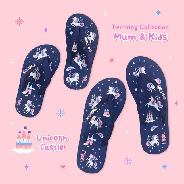 Mum & Kids Flip Flops Unicorn Castle Twinning Set (Ladies Blue Kids Blue)