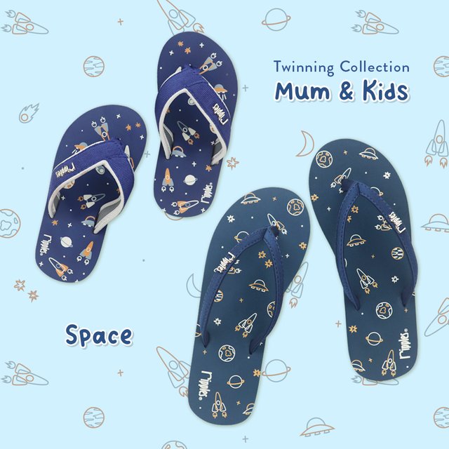 Mum & Kids Flip Flops Space Twinning Set (Ladies Grey Blue Kids Blue) 