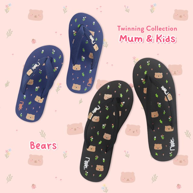 Mum & Kids Flip Flops Bear Twinning Set (Ladies Black Kids Blue) 
