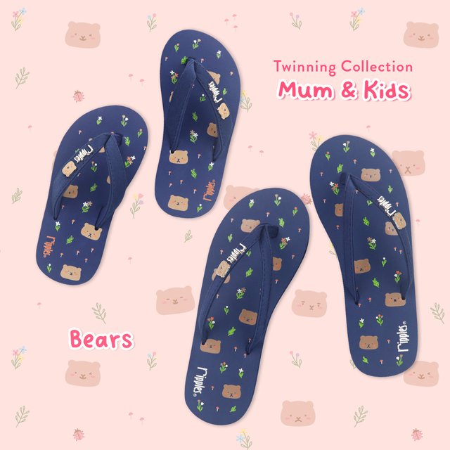 Mum & Kids Flip Flops Bear Twinning Set (Ladies Blue Kids Blue) 