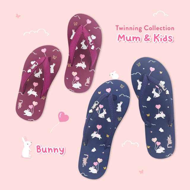 Mum & Kids Flip Flops Bunny Twinning Set (Ladies Blue Kids Purple) 